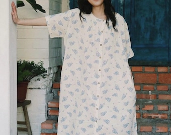 Cotton Maternity Nightgown, Button Front Nursing Sleep Dress, Soft Floral Lounge Dress, Breastfeeding Nightdress