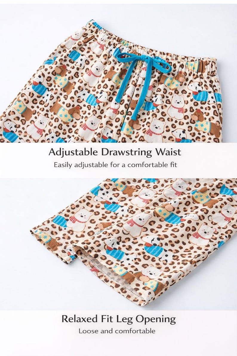 May include: Tan pajama pants with a repeating pattern of white polar bears, brown bears, and dalmatians, accented with blue and yellow details. The pants have an adjustable drawstring waist and a relaxed fit leg opening.