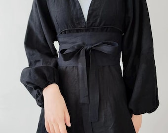 Handmade Black Linen Obi Belt: Minimalist Wrap Sash, Corset Wide Belt
