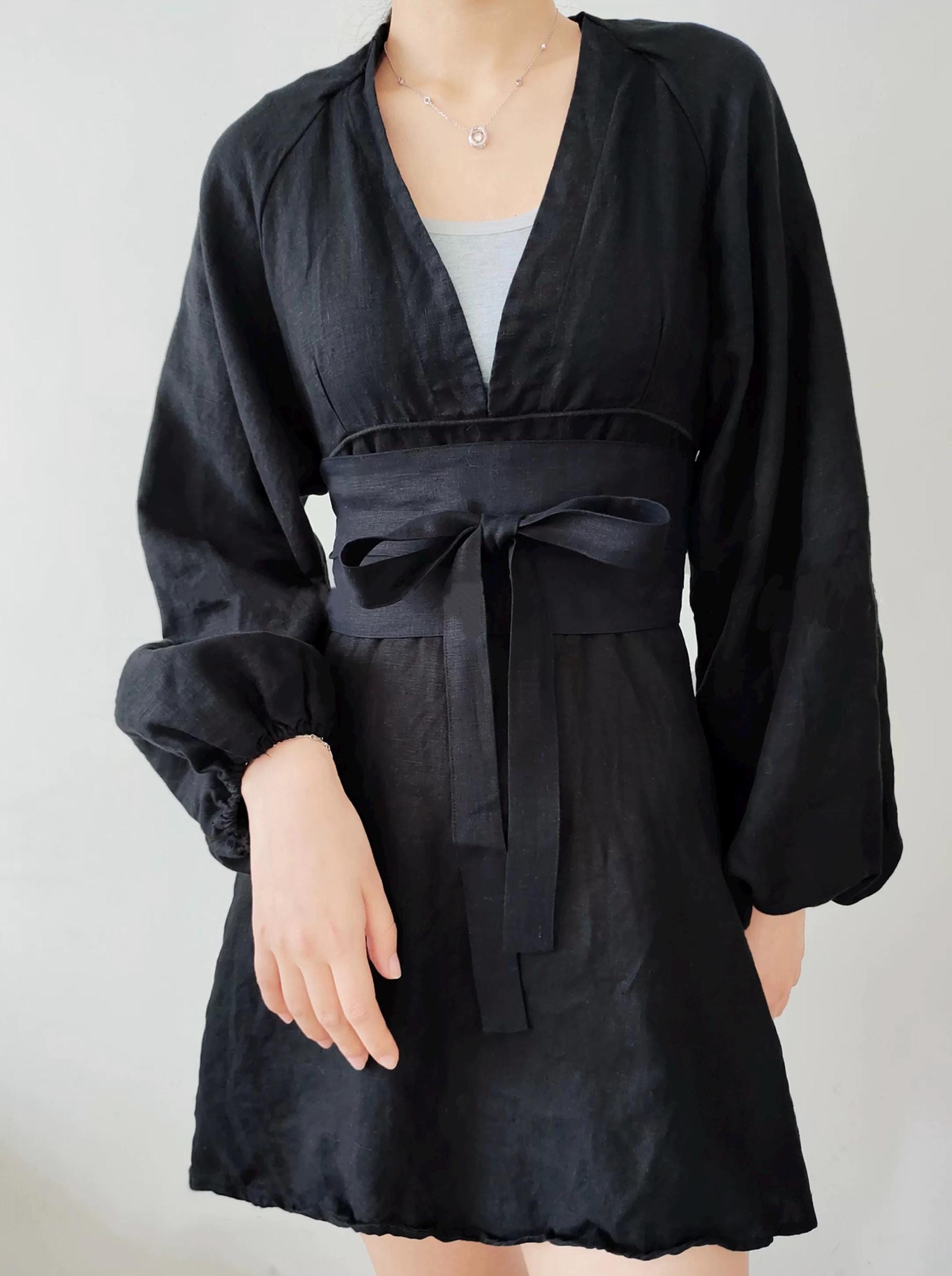 Handmade Black Linen Obi Belt: Minimalist Wrap Sash, Corset Wide Belt