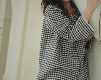 Classic Black Gingham loungewear, Cotton Pjs with Lace Trim, Cozy Home & Sleepover Outfit