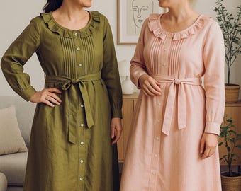 Romantisk handgjord linneklänning – Midiklänning med volangkrage, elegant vintage-stil i cottagecore-stil