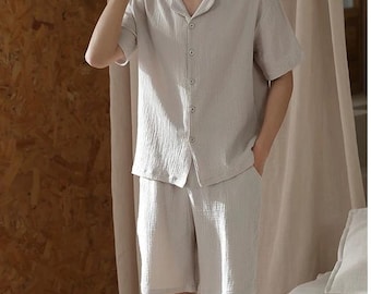 Men’s Cotton Gauze Pajama Set, Muslin Lounge Set, Short Sleeve and Shorts, Minimalist Sleepwear
