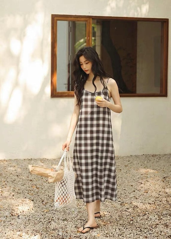 brown plaid maxi dress Linen Blend Dress, Adjustable Strap Sundress With Pockets, Cottagecore Minimalist Nightgown Formal dress Silk Satin Colors:Baby Blue 839 swatch:storm-houndstooth Women's Black Satin Scoop Unleash bohemian spirit with