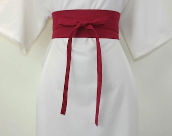 Handmade Red Linen Obi Belt: Wrap Sash, Waist Corset
