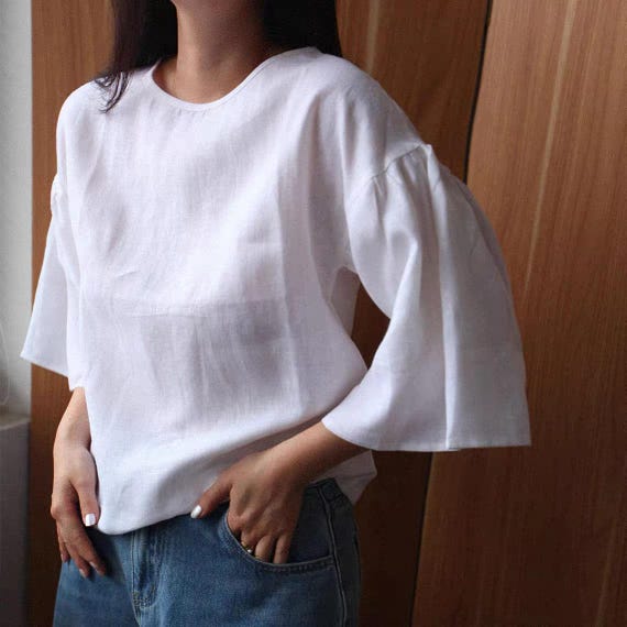 Linen Flutter Sleeve Blouse, Minimalist Summer Top, Natural Coastal Clothing