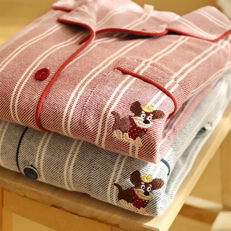 Matching Couple Pajamas Set, Striped Cotton Sleepwear, Puppy Embroidery