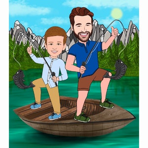 Fathers Day Gift, Fisherman Caricature Portrait, Custom Fisherman Painting from Photo, Photo to Drawing, Husband Gift, Boyfriend Gift