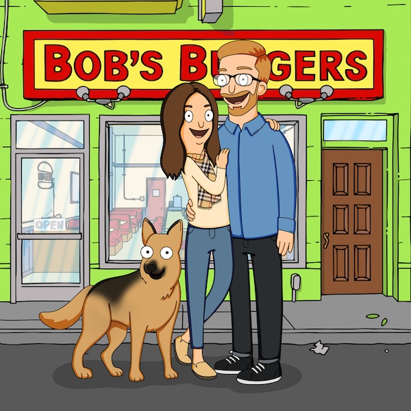 GRANDE VENTE ! Portrait personnalisé de dessin animé de Bob's Burgers, affiche personnalisée de hamburgers de couple de Bobs, illustration de portrait de famille de Noël, cadeau de fête des pères