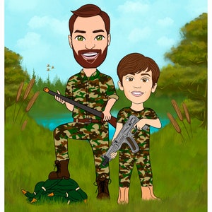 Ritratto di caricatura di caccia del padre con il figlio, ritratto di cacciatore di cartoni animati personalizzato da foto, regalo poster cacciatore digitale, regalo festa del papà,