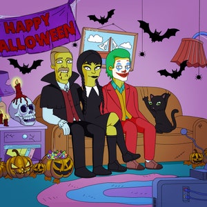 Customized Simpsons Portrait HALLOWEEN Gift, Custom Simpsons Family Portrait Illustration, Simpsons Halloween Drawing, Turn Yellow Character