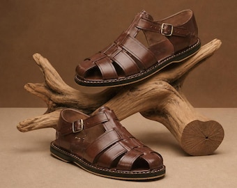 Leather fisherman sandals men, summer sandals, Brown slingback sandals, moroccan handmade sandals, Vegetable tanned calf leather, Gift.