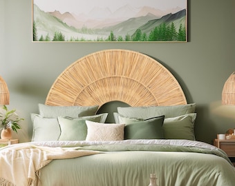 moroccan moon raffia Bed Headboard,woven Headboard rattan,boho wall hangings,Rustic Weathered Wall Mounted Wooden Panels,queen bed headboard