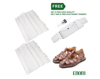 Ihram Towel Set for Hajj - Umrah,100% Cotton Breathable,2 Piece Adult Size + leather sandal, Free Belt - Tasbeeh, Bath Towel & Bathrobe.