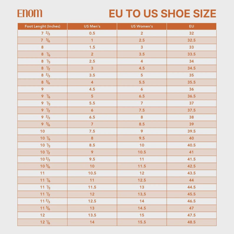 Op de afbeelding: Schoenmatenconversietabel met de merknaam "Enom" bovenaan. De tabel zet de voetlengte in inches om naar US heren-, US dames- en EU-maten. De tabel staat op een lichtbeige achtergrond.