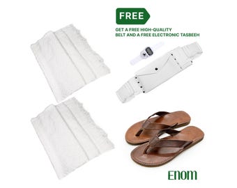 Ihram Towel Set for Hajj - Umrah,100% Cotton Breathable,2 Piece Adult Size + leather Flip-Flop, Free Belt - Tasbeeh, Bath Towel & Bathrobe.