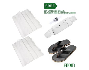 Ihram Towel Set for Hajj - Umrah,100% Cotton Breathable,2 Piece Adult Size + leather Flip-Flop, Free Belt - Tasbeeh, Bath Towel & Bathrobe.