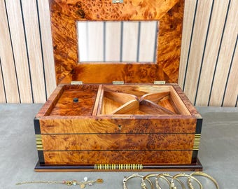 13x9 Thuya jewelry box & mirror,natural grain patterns. 2 storage level, lockable perfect for anniversary gift, storing and organizing jewelry