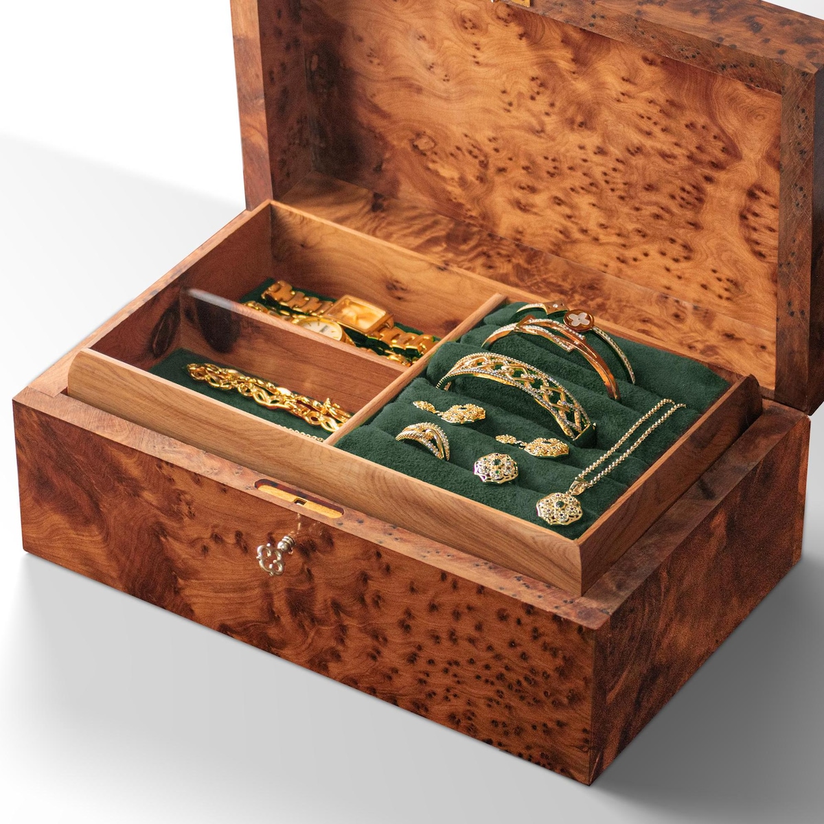 Large Personalized wooden jewelry box, Thuya Burl Wood, jewelry organizer & storage box, secret keepsake trinket, engraved box, Christmas gift.