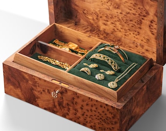 Large Personalized wooden jewelry box, Thuya Burl Wood, jewelry organizer & storage box, secret keepsake trinket, engraved box, Christmas gift.