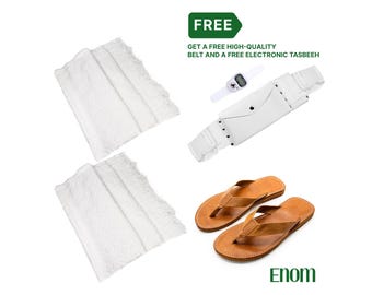 Ihram Towel Set for Hajj - Umrah,100% Cotton Breathable,2 Piece Adult Size + leather Flip-Flop, Free Belt - Tasbeeh, Bath Towel & Bathrobe.