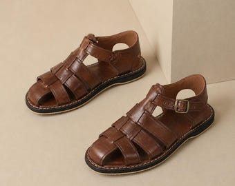 Leather fisherman sandals men, summer sandals, Brown slingback sandals, moroccan handmade sandals, Vegetable tanned calf leather, Gift.