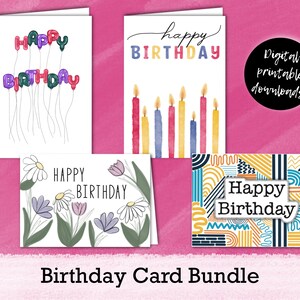 Birthday Card Bundle! - Four 5&quot;x7&quot; Birthday Cards - Digital Printable Downloads - PDF and JPEG - Envelope Template Included!