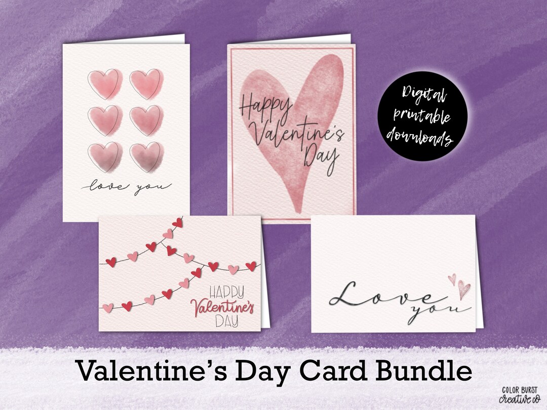 Valentine's Day Card Bundle Four 5x7 Valentine Themed Cards Digital ...