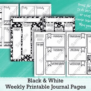 Weekly Printable Journal Pages - A5 dot grid planner - 3 different designs all in black and white, undated, and spaces to color!