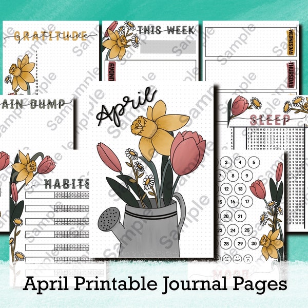 April Printable Journal Pages - monthly journal - PDF download - gratitude, mood tracker, habit tracker, sleep tracker, brain dump, weekly