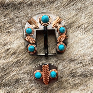 Turquoise Stone and Copper Buckle 3/4&quot; with Keeper, Replacement Buckle, Leather Crafting Buckle, Western Buckle