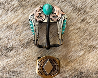 Copper and Turquoise Stone Handmade Buckle , Western Buckle, Tack Buckle, Turquoise Copper Buckle, Turquoise Feather Accent Buckle