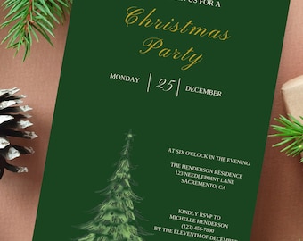 May include: A green Christmas party invitation with a hand-drawn illustration of a pine tree. The invitation reads "Please join us for a Christmas Party" with the date "Monday 25 December". The invitation also includes the time, location, and RSVP information.