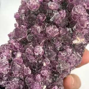 May include: A close-up of a purple fluorite mineral specimen. The crystalline structure is visible, with clusters of cubic and octahedral crystals in varying shades of purple. The mineral has a rough, textured surface.