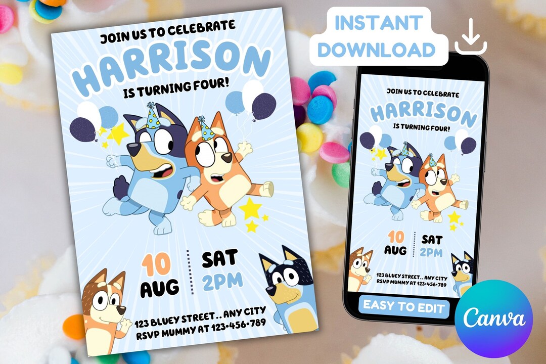 Blue Dog Editable Birthday Invitation Digital Birthday Party Invitation ...