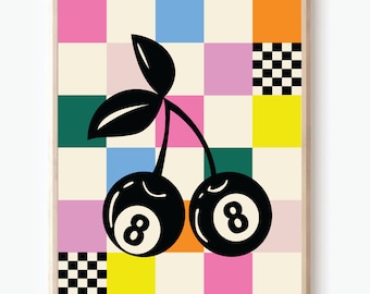 Checkered Cherries Art Print, Digital Art Download, Wall Art,Cute Trendy Art, Cherry Posters, Wall Poster, Unframed