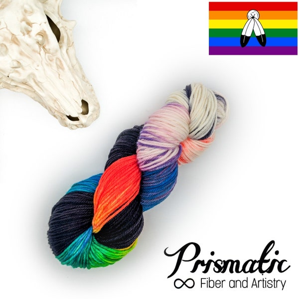Hand Dyed Yarn, Rainbow, Black, and White Yarn, "Two Spirit Pride,” Merino Wool, Merino Blend, Fingering, DK, Worsted, and Bulky Weight