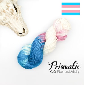 Hand Dyed Yarn, Pink, Blue, White Yarn, &quot;Trans Pride,” Merino Wool, Merino Blend, Fingering Weight, DK Weight, Worsted Weight, Bulky Weight