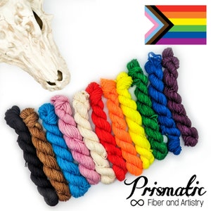 Hand Dyed Yarn Mini Set, Rainbow Yarn, &quot;Progress Pride,” Merino Wool, Merino Blend, Fingering, DK, Worsted, and Bulky Weight