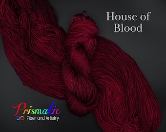 Hand Dyed Yarn, Deep Red Yarn, &quot;House of Blood,” Merino Wool, Merino Blend, Fingering, DK, Worsted, and Bulky Weight