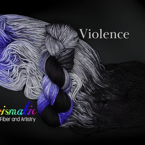 Hand Dyed Yarn, Violet, Silver, Black Yarn, "Violence,” Merino Wool, Merino Blend, Fingering Weight, DK Weight, Worsted Weight, Bulky Weight
