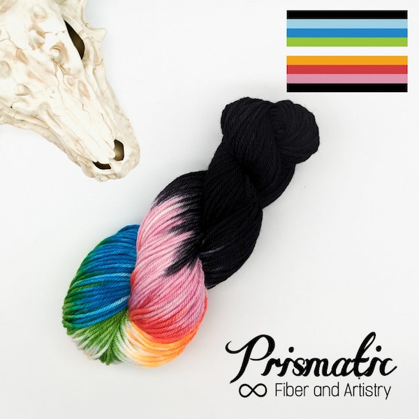 Hand Dyed Yarn, Retro Rainbow & Black Yarn, "Queer Pride,” Merino Wool, Merino Blend, Fingering, DK, Worsted, and Bulky Weight