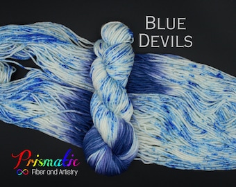 Hand Dyed Yarn, Blue and White Yarn, &quot;Blue Devils,”  Merino Wool, Merino Blend, Fingering Weight, DK Weight, Worsted Weight, Bulky Weight