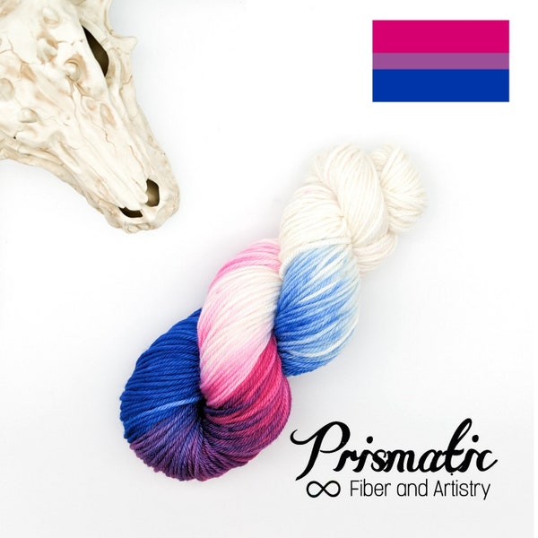 Hand Dyed Yarn, Magenta, Purple, & Blue Yarn, "Bi Pride,” Merino Wool, Merino Blend, Fingering, DK, Worsted, and Bulky Weight
