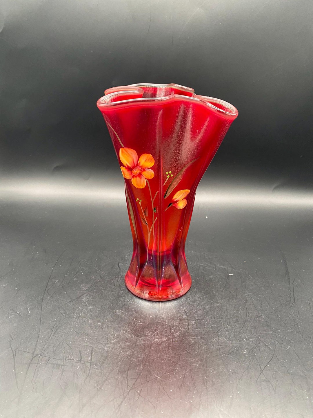 Fenton Ruby Stretch Glass Swung Panel Vase - 6.5