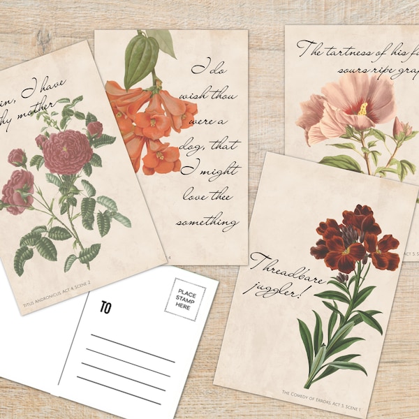 Shakespearean Insult Floral Postcards Set of 10 | 4x6 Inches