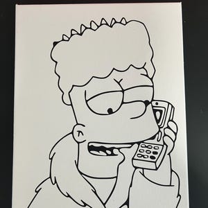 May include: Black and white line drawing of a cartoon character with spiky hair, wearing a fur collar and talking on a cell phone.