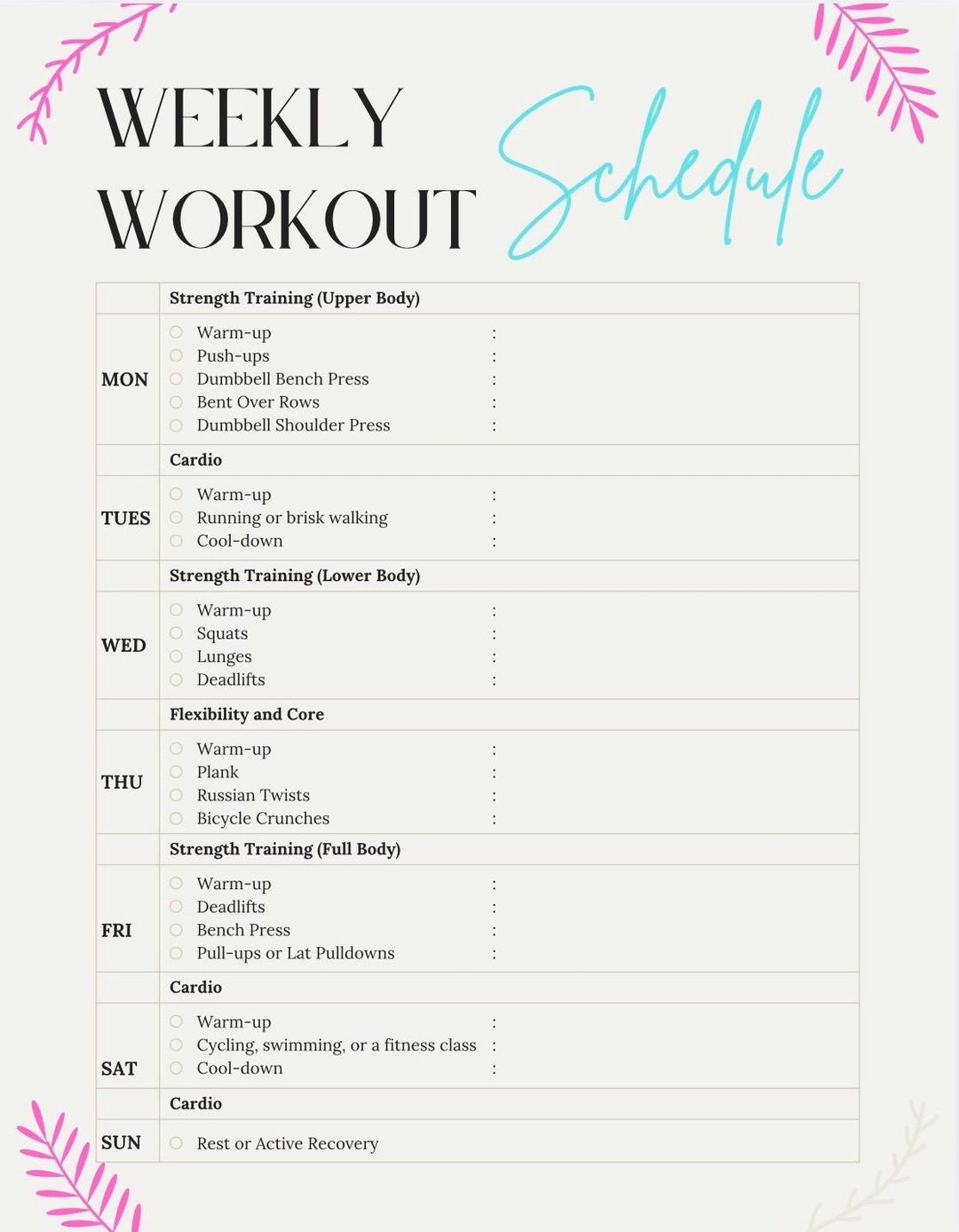 Weekly Workout Layout Plan - Etsy