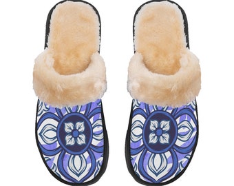 Blue and White Luxury Plush Slippers/ Blue abstract comfortable slippers