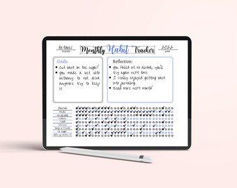 May include: A digital planner on a tablet screen with a blue stylus. The planner is titled "Monthly Habit Tracker" and includes sections for goals, reflection, and a habit tracker grid. The habit tracker grid has checkboxes for tracking habits like journaling, reading, no alcohol, and more.
